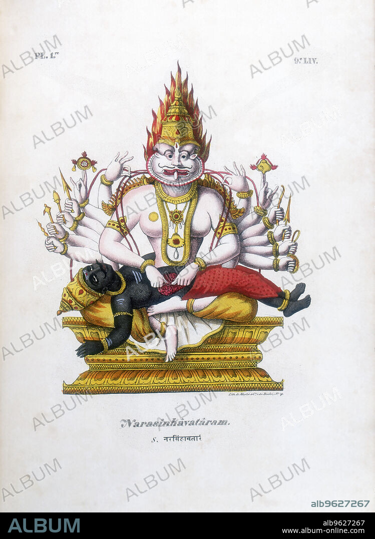 A GERINGER. Vishnu, one of the gods of the Hindu trinity (trimurti), c19th century. Vishnu in his fourth avatar of Narasimha, the man lion. From L'Inde Francaise.