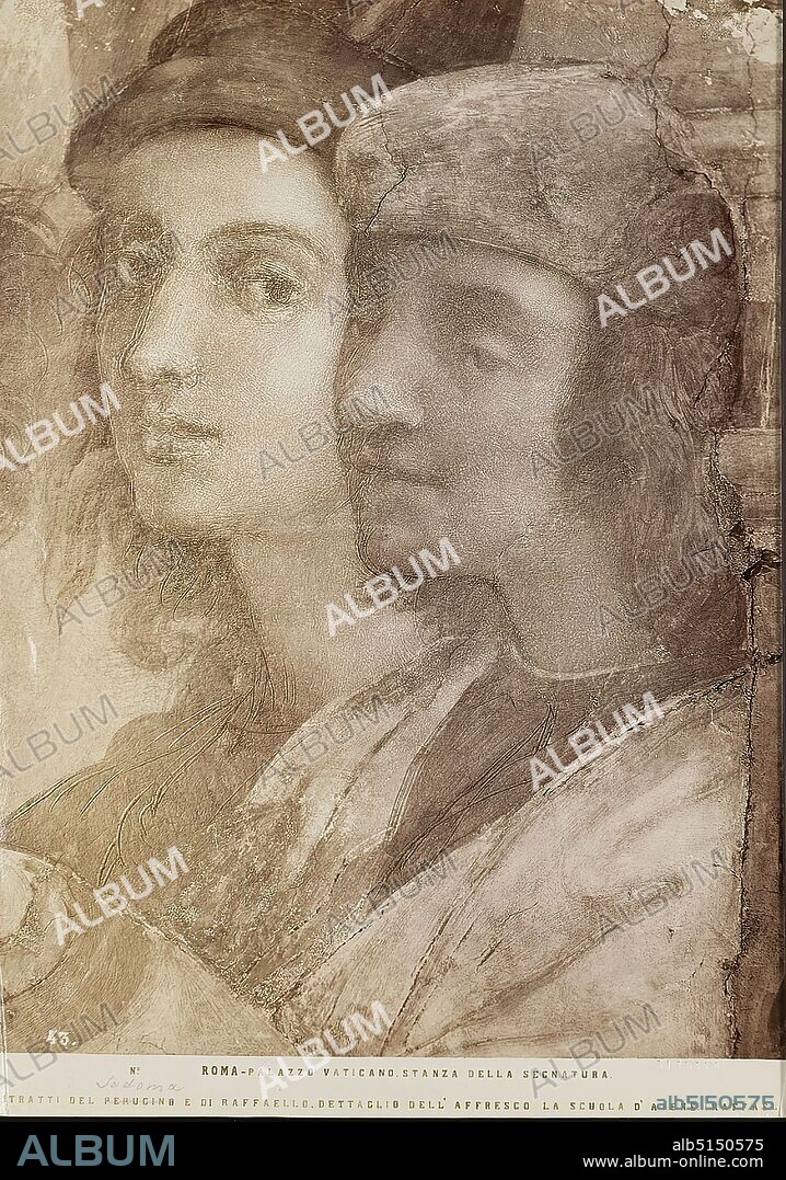 Raffaello Sanzio: Portraits of Sodoma and Raphael, Stanza della Segnatura, Vatican Palace, Rome, albumin paper, black and white positive process, image size: height: 24.70 cm; width: 18.40 cm, ROMA - PALAZZO VATICANO. STANZA DELLA SEGNATURA. RITRATTI DEL PERUGINO E DI RAFFAELLO. DETTAGLIO DELL' AFFRESCO LA SCUOLA D' ATENE (RAFFAELLO.) PERUGINO crossed out with lead, above it handwritten with lead: Sodoma. Stamp: Museum of Italian painting. A. Gutbier, Dresden. Round stamp on verso, portrait, self-portrait, artist, painting.