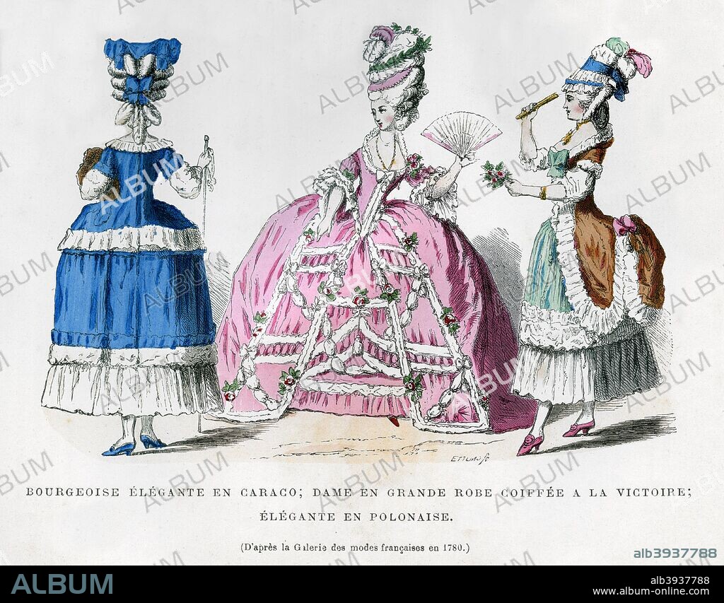 French women's fashions, 1780 (1882-1884). A rich bourgeoise wearing a caraco, a lady in a formal gown and with 'a la Victoire' hairstyle, and an elegant woman in a polonaise. A print from La France et les Français à Travers les Siècles, Volume IV, F Roy editor, A Challamel, Saint-Antoine,.