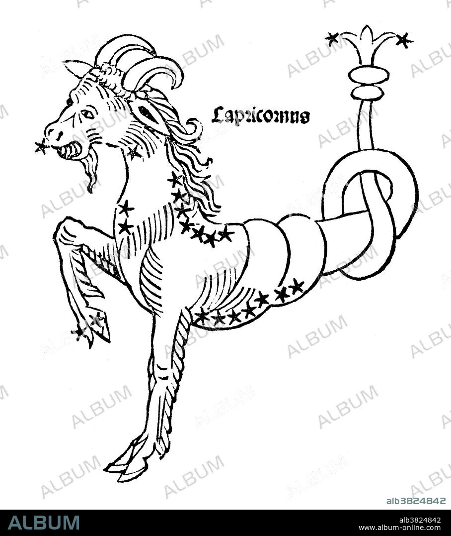 Capricornus is one of the constellations of the zodiac, it is often called Capricorn, especially when referring to the corresponding astrological sign. Its name is Latin for "horned goat" or "goat horn", and it is commonly represented in the form of a sea-goat: a mythical creature that is half goat, half fish. Capricornus was one of the 48 constellations described by the 2nd century astronomer Ptolemy and is now one of the 88 modern constellations defined by the International Astronomical Union. Capricorn is the tenth astrological sign in the Zodiac, originating from the constellation of Capricornus. It spans the 270-300th degree of the zodiac, between 270 and 305.25 degree of celestial longitude. The Sun transits this area of the zodiac from December 22 to January 19 each year. Poeticon astronomicon is a star atlas whose authorship is disputed. The work was originally attributed to the Roman historian Gaius Julius Hyginus (64 BC - AD 17). It was not formally published until 1482, by Erhard Ratdolt. He commissioned a series of woodcuts, but the relative positions of the stars bear little resemblance to the descriptions given by Hyginus in the text or the actual positions of the stars in the sky.