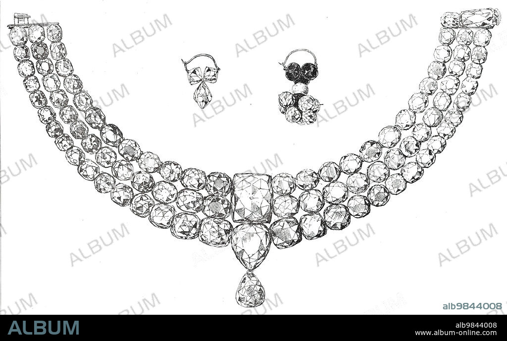 Necklace of the Young Guicowar of Baroda, valued at forty lacs of rupees, 1876. A lakh is a unit in the Indian numbering system equal toone hundred thousand (100,000). From "Illustrated London News", 1876.