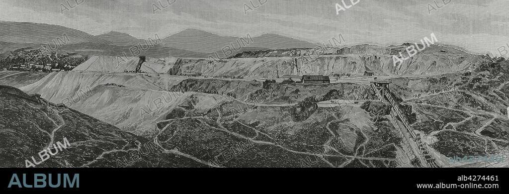 España. País Vasco. Industria minera de Vizcaya. Somorrostro: perspectiva de los grandes criaderos de la Orconera y el pueblo nuevo de la Orconera. Grabado. La Ilustración Española y Americana, 15 de noviembre de 1882.
