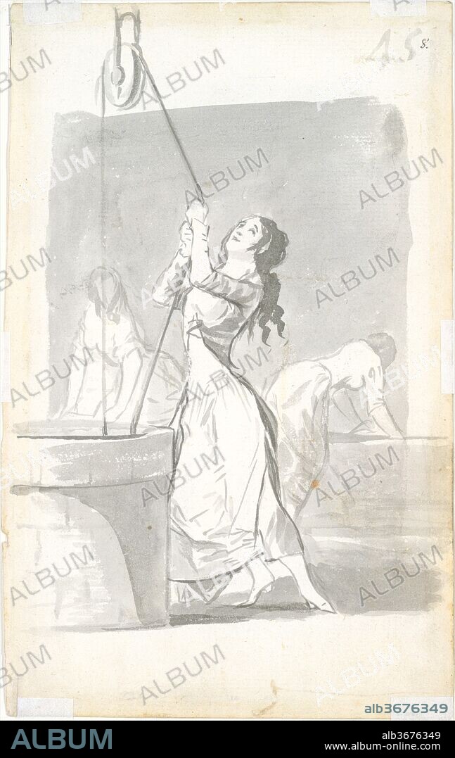 Three women, one in the foreground drawing water from a well, two in the background washing; folio 45 (recto) from the Madrid Album 'B'. Artist: Goya (Francisco de Goya y Lucientes) (Spanish, Fuendetodos 1746-1828 Bordeaux). Dimensions: Sheet: 9 1/4 × 5 13/16 in. (23.5 × 14.7 cm). Date: 1796-97.