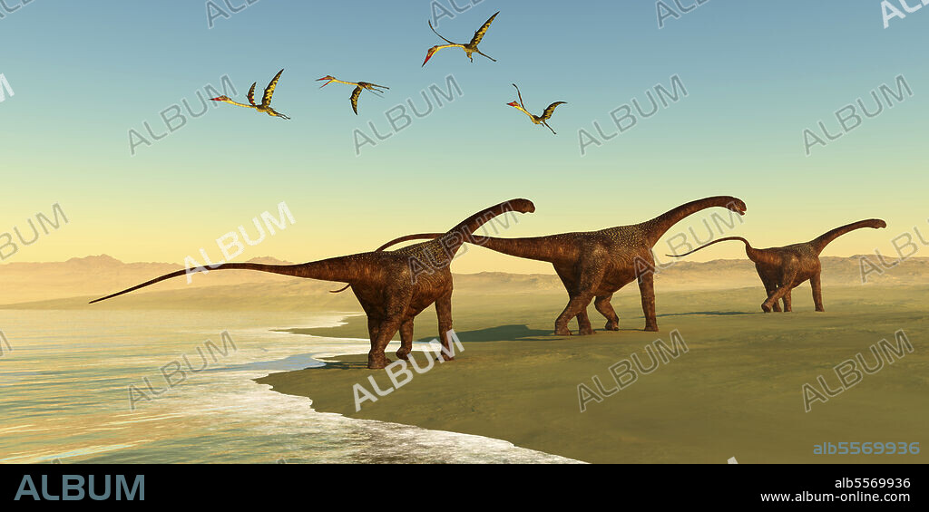 Quetzalcoatlus reptiles fly out to sea as a herd of Malawisaurus dinosaurs go in search of vegetation to eat.