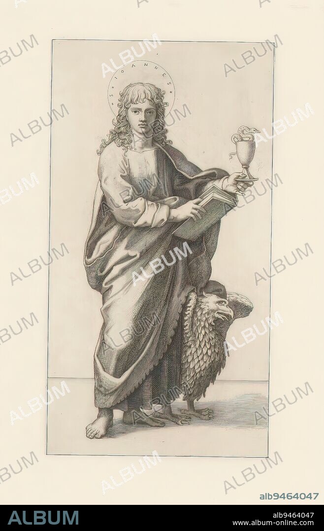 Apostle John, Christ and the twelve apostles (series title), Il Salvatore co'dodici Apostoli (series title), print maker: Ferdinand Ruscheweyh, after painting by: Rafaël, after print by: Marcantonio Raimondi, 1827, paper, etching, height 160 mm × width 104 mm.