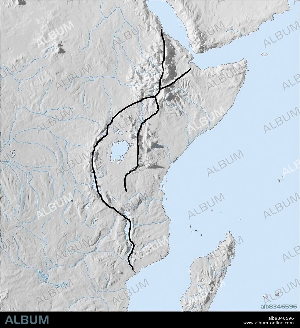 More than 4,000 km long, the Great Rift Valley tectonic fault, which includes the West and East Great Rift valleys, crosses eastern Africa from the Red Sea to the mouth of the Zambezi River. It results from the gradual separation of the Somalian lithospheric plate. This process is just beginning: in several million years, East Africa will detach itself to become an independent continent. The intense volcanic activity in the region has led to the formation of the highest mountains in Africa, such as Mount Kilimanjaro and Mount Kenya.The largest lakes in Africa (Victoria, Tanganyika, Malawi), tectonic in origin, are also situated along the Great Rift Valley. Paleontologists think that the Great Rift region was the birthplace of the first human beings, more than 2 million years ago.