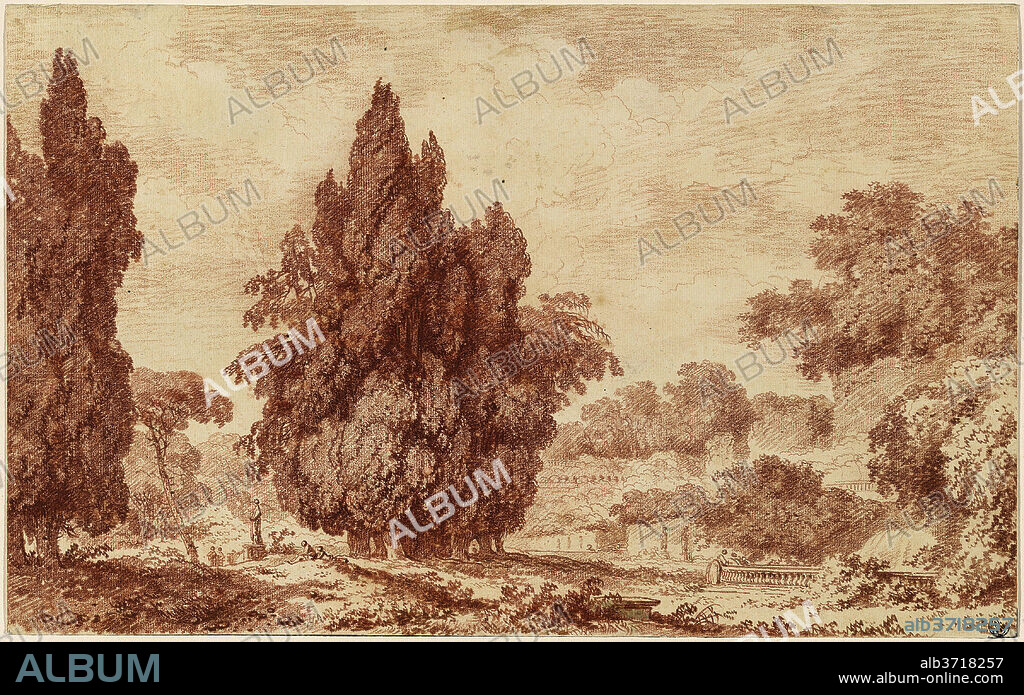 JEAN-HONORE FRAGONARD. A Stand of Cypresses in an Italian Park. Dated: c. 1760. Dimensions: overall: 23.5 x 37.7 cm (9 1/4 x 14 13/16 in.). Medium: red chalk on laid paper.
