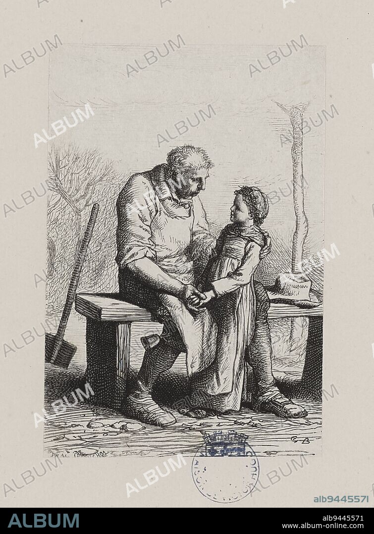 Les Misérables, Part Two, Book Eight, Chapter IX, Cosette had permission, Yon, Edmond Charles Joseph, Engraver, Perrichon, Jules-Léon, Engraver, Brion, Gustave, Author of the model, Bonaventure and Ducessois (printing), Printer, Hetzel, Pierre-Jules, Publisher, Lacroix, Albert, Publisher, About 1865, 3rd quarter of the 19th century, Victor Hugo's House - Hauteville House, Graphic arts, Print, Woodcut, Height: 13 cm, Width: 8. 8 cm.
