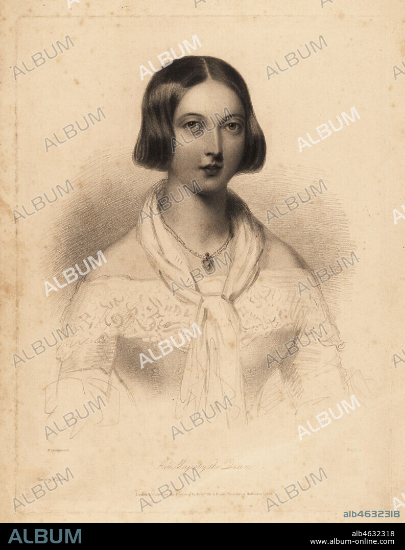 Young Queen Victoria, early 20s. Steel stipple engraving by William Henry Mote after an illustration by William Drummond from Charles Heaths English Pearls, or Portraits for the Boudoir, Tilt and Bogue, London, 1843.
