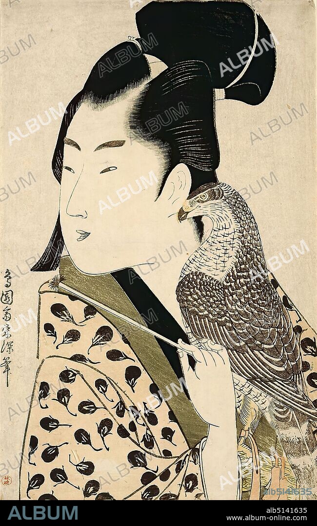 Chensai Eishin, The Falconer, color woodcut, Total: Height: 38,00 cm; Width: 24,10 cm, signed: Signature: Chensai Eishin hitsu , Collector's stamp: Hayashi Tadamasa, printmaking,printing, bust, bust, man, birds, Edo period, The Japanese woodblock print was an art for the wealthy citizens of the 18th and 19th century. A popular theme was the world of amusement. In this woodblock print a young man, who looked like a nobleman, is shown in a half-portrait. He holds a falcon in his left hand and a brush in his right. His kimono wears eggplant as a pattern and together with the falcon motif alludes to the three lucky dreams at New Year. It was said that dreaming of eggplants, a falcon or the Fuji mountain on New Year's night brought good luck.