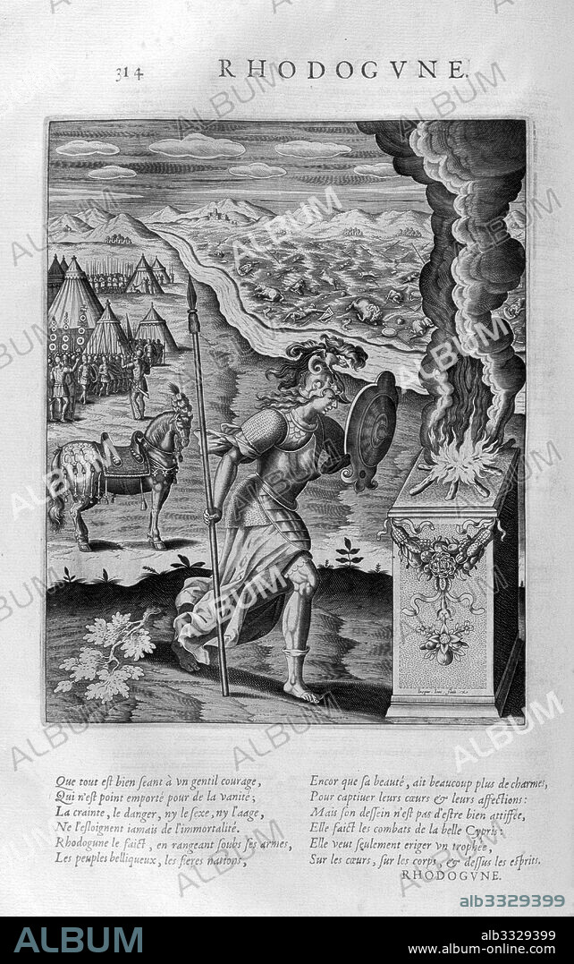 Rhodogune (daughter of the Parthian king Mithridates I) 2nd century BC. A plate from Les Images Ou Tableaux De Platte Peinture Des Deux Philostrates Sophistes Grecs, by Blaise de Vigenare, Paris, 1615. Engraving circa 1615, by Leonard Gaultier. Gaultier, or Galter, was a French engraver, born at Mainz about 1561, and died in Paris in 1641.