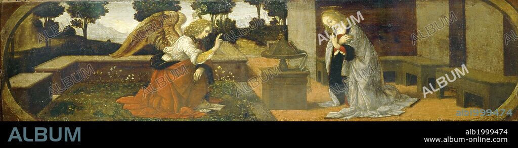 Leonardo Da Vinci / 'Anunciación', hacia 1478, Tempera y óleo sobre tabla, 16 x 60 cm.