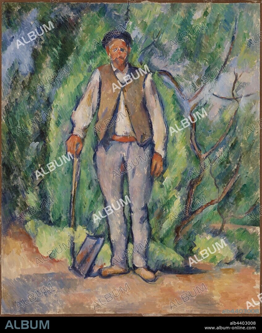 Paul Cézanne: Gardener (Le Jardinier), Paul Cézanne, c. 1885 (possibly later), Oil on canvas, Peasants were a popular subject for French artists in the late nineteenth century. Many painters romanticized peasants, depicting rosy-cheeked figures laboring in fields saturated with golden afternoon light. Cézanne's figure is unsentimental, however. The subject is a gardener who worked on his father's estate outside Aix-en-Provence, where Cézanne lived and worked for many years. Cézanne rhymes nature with the gardener's body: the bush behind him forms a perfect oval frame, and the tree branches at right bend to follow his contours., Overall: 25 9/16 × 21 1/4 in. (65 × 54 cm).