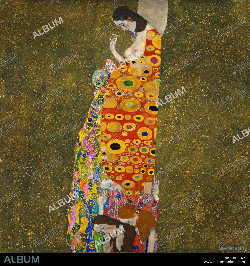 GUSTAV KLIMT. Hope, II. Date/Period: 1907 - 1908. Painting. Oil, gold, and platinum on canvas. Height: 1,105 mm (43.50 in); Width: 1,105 mm (43.50 in).