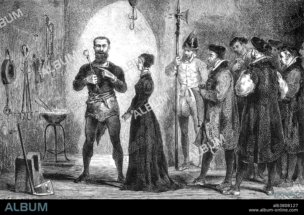 The executioner of Stuttgart shows the mother of Kepler the instruments of torture he will use on her if she does not confess. Katharina Kepler (1546 - April 13, 1622), born Katharina Guldenmann, was an alleged German witch from Stuttgart. She was married to Heinrich Kepler and had one daughter and three sons; one of them was Johannes Kepler. In 1615, a witch trial was initiated by Lutherus Einhorn who in his reign as Vogt of Leonberg (1613 - 1629) accused 15 women of sorcery and executed 8 of them. Ursula Reinbold had accused Katharina Kepler of giving her a potion after an argument which had made her sick. Johannes Kepler defended his mother himself, and was allowed to take her away in December 1616. When she returned to Leonberg in the summer of 1620, she was arrested and imprisoned for 14 months. She was told how she would be tortured, as a means of frightening her, but she refused to confess anything. In October 1621, Kepler was able to effect her release. Katharina Kepler died the following year. This illustration is from Louis Figuier's 5 volume series "Vies des Savants Illustres" from 1866-1870.