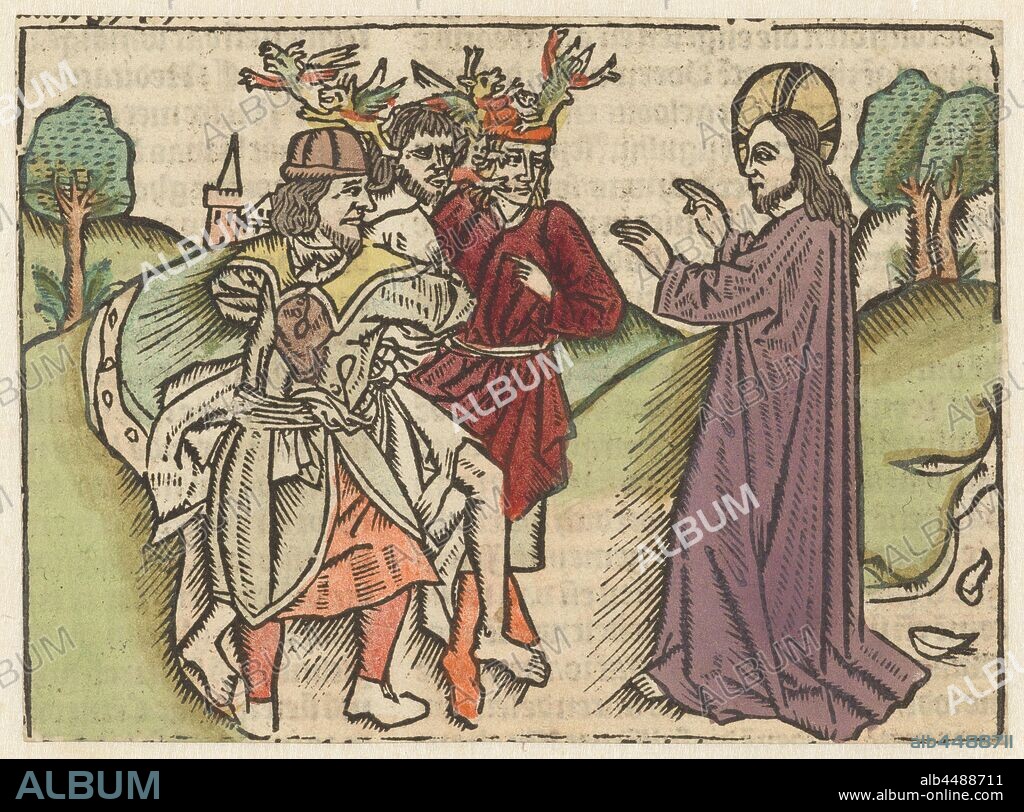 Christ heals the deaf and dumb possessed, Christ makes a gesture of blessing. The possessed man is being held by two men, devils are flying out of his mouth, healing or a possessed man who was also dumb (Matthew 9: 32-34, Luke 11: 14-16), Meester van Antwerpen (I) (attributed to), Nederlanden, 1485 - 1491, paper, h 94 mm × w 128 mm.