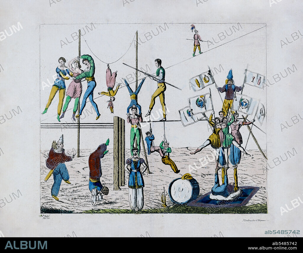 Drawing of various circus acts performing ca. 1800s.