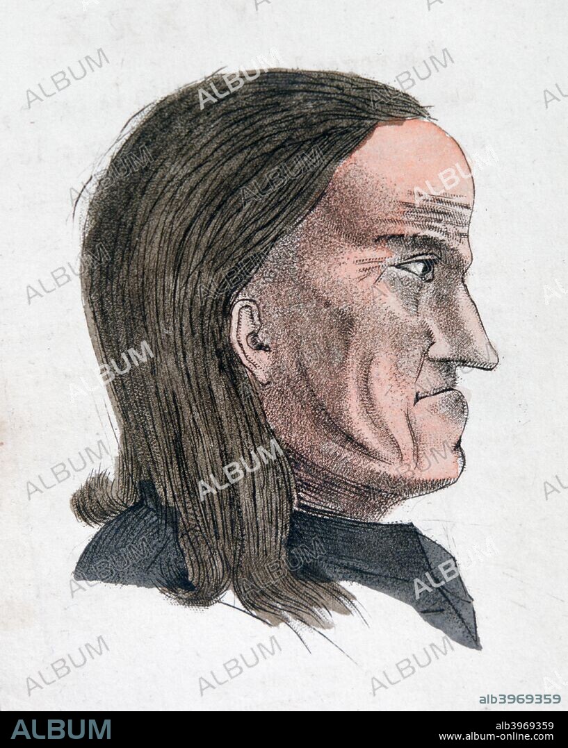 The facial characteristics of a melancholic person, 1808. A print from le Le Lavater Portatif, Hocquart, Paris, 1808. Physiognomical portraits. Physiognomy is the idea that a person's outer appearance may give insight to their character.