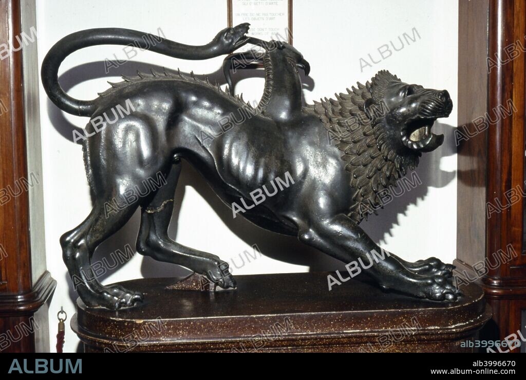 The Chimera Etruscan Bronze, 5th century BC. The Chimera of Arezzo is one of the best known examples of the art of the Etruscans. It was found in Arezzo, an ancient Etruscan and Roman city in Tuscany, in 1553. In Greek mythology the monstrous Chimera ravaged its homeland, Lycia, until it was slain by Bellerophon.  At National Archaeological Museum, Florence.