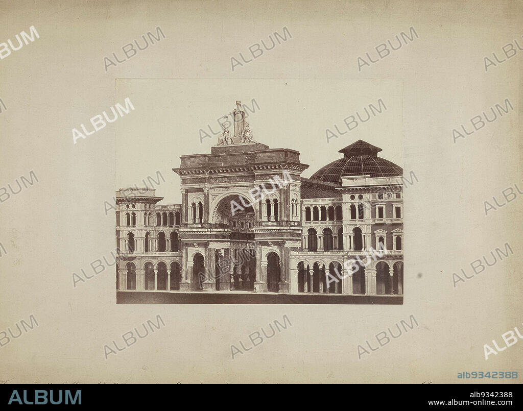 Model of the Galleria Vittorio Emanuele II in Milan, Italy, Facciata della Galleria V.E. dalla piazza del Duomo, dietro modello dell' architetto Ce. e Comendatore Mengoni (title on object), anonymous, Giuseppe Mengoni (mentioned on object), Milaan, 1861 - 1878, cardboard, paper, albumen print, height 350 mm × width 471 mm.