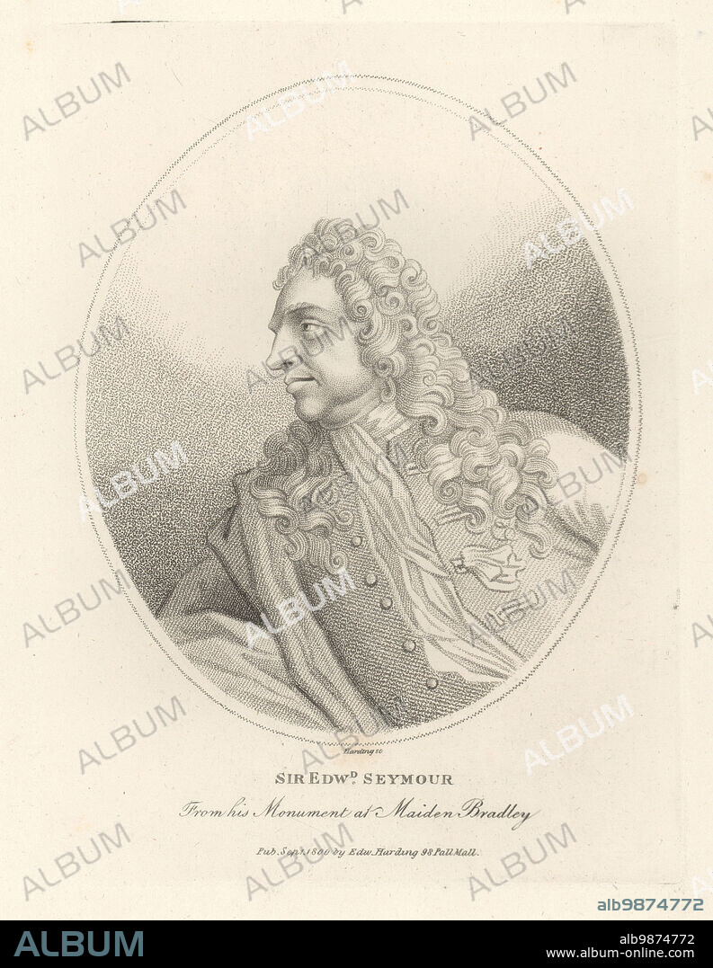 Sir Edward Seymour, 4th Baronet, politician and Speaker of the House of Commons, 1633-1708. In luxuriant wig, cravat, coat and toga. From his grave monument by Michael Rysbrack in All Saints Church, Maiden Bradley. Copperplate engraving by Edward Harding from John Adolphus The British Cabinet, containing Portraits of Illustrious Personages, printed by T. Bensley for E. Harding, 98 Pall Mall, London, 1800.