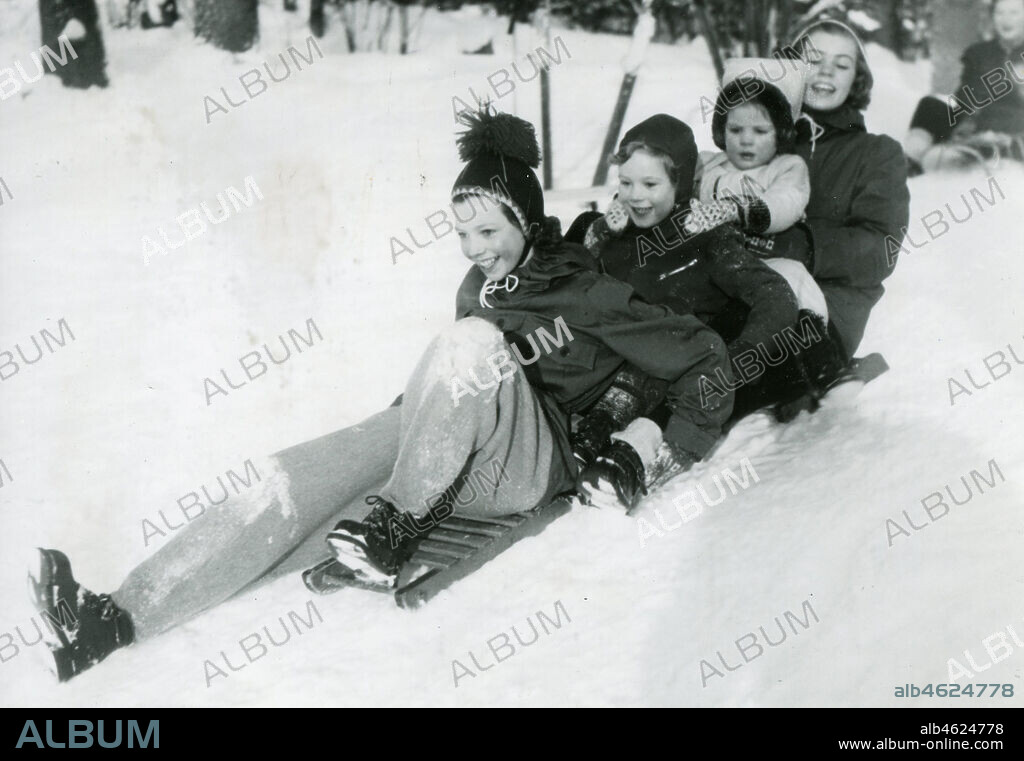 Swedish royal kids in the snow, 13 Jan 1950.