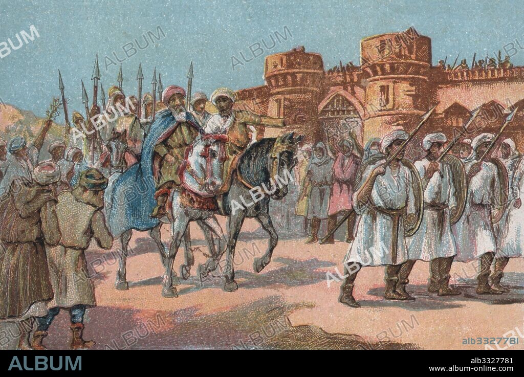 Historia de España. Entrada de Muza (640-716), caudillo militar musulmán yemení, acompañado de Tarik ibn Ziyad (?-722), general musulmán, en Toledo en el año 711.