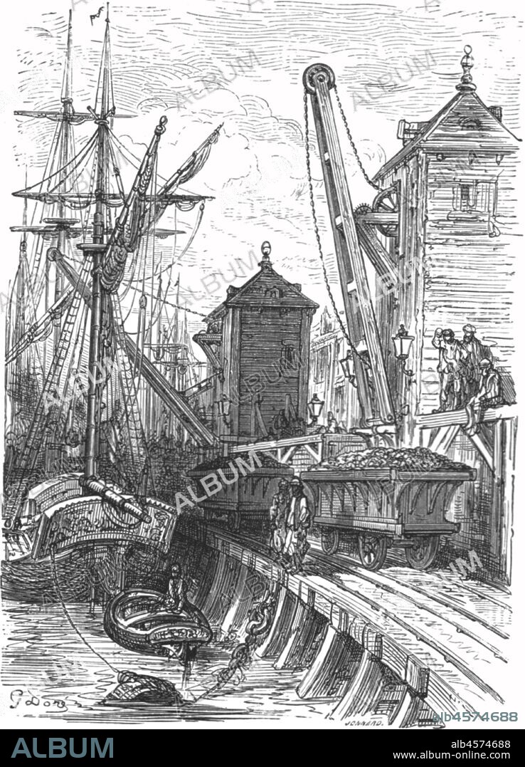 PAUL GUSTAVE DORÉ. 'Poplar Dock', 1872. Poplar Dock on the Isle of Dogs, originally a series of reservoirs built by the West India Company, in 1828 was converted to a railway dock used mainly to import coal from the Northeast of England.  From, "LONDON. A Pilgrimage" by Gustave Dore and Blanchard Jerrold. [Grant and Co., 72-78, Turnmill Street, E.C., 1872].