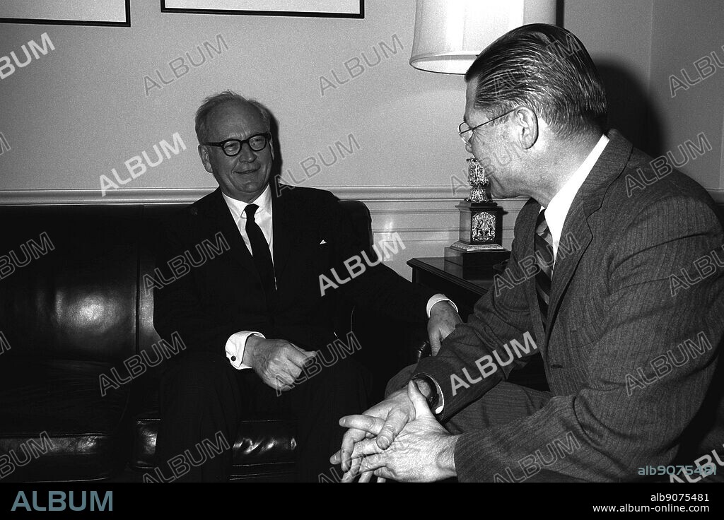 GEN Adolf Heusinger, Federal Republic of Germany, Chairman, North Atlantic Treaty Organization (NATO) Military Committee, meets with Secretary of Defense Robert S. McNamara, right, at the Pentagon to discuss defense matters relating to NATO. Washington D.C.(USA) Date 28 February 1964.
