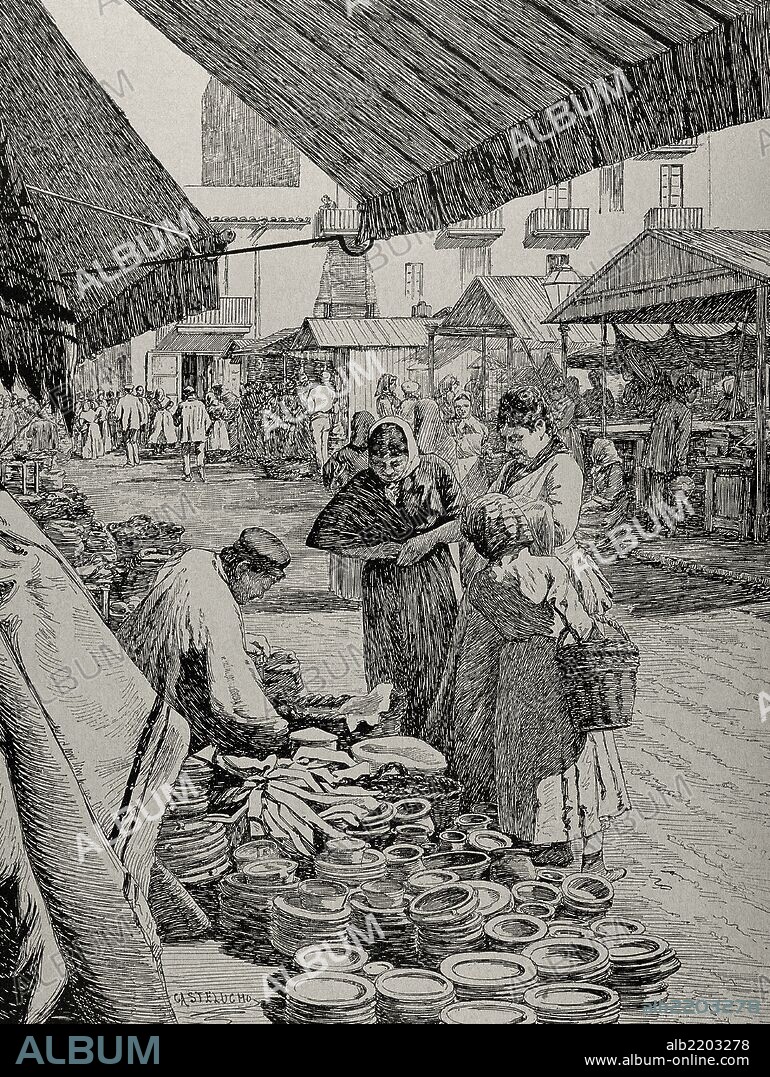 CATALUÑA. BARCELONA. "Mercadillo en La plaza de Isabel, en Gracia". Dibujo de Castelucho. "La Ilustración Ibérica", año 1882.