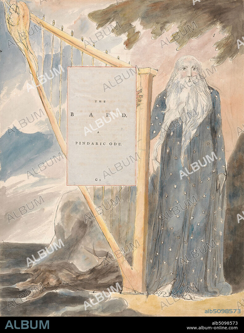 The Poems of Thomas Gray, Design 53, 'The Bard.', William Blake, 17571827, British, between 1797 and 1798, Watercolor with pen and black ink and graphite on moderately thick, slightly textured, cream wove paper with inlaid letterpress page, Sheet: 16 1/2 x 12 3/4 inches (41.9 x 32.4 cm), beard, bird, bodies, broken, dead, figurehead, flames, gown, harp, hawk, leaf, literary theme, lyre, man, men, religious and mythological subject, rocks (landforms), stars, text, trees, water.