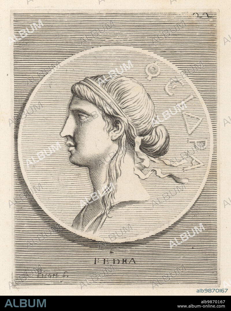 Phaedra, Cretan princess, daughter of Minos and Pasiphae, sister of Ariadne, and wife of Theseus, king of Athens. Head of a woman with her hair tied up in a simple band from a bronze medal. Fedra. Copperplate engraving by Etienne Picart after Giovanni Angelo Canini from Iconografia, cioe disegni d'imagini de famosissimi monarchi, regi, filososi, poeti ed oratori dell' Antichita, Drawings of images of famous monarchs, kings, philosophers, poets and orators of Antiquity, Ignatio deLazari, Rome, 1699.