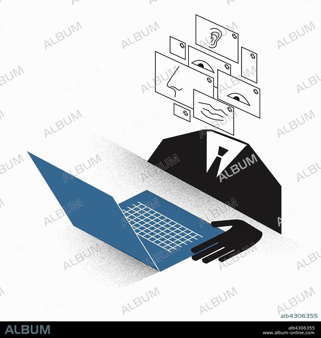 Businessman with montage face using laptop.