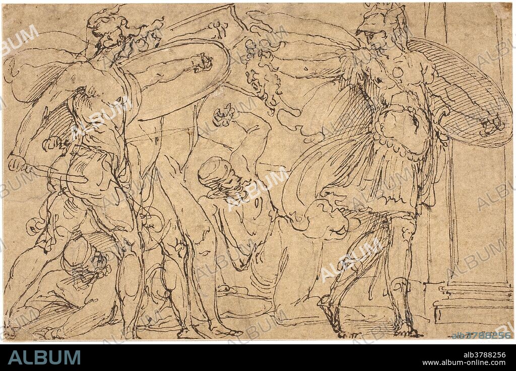 PERIN DEL VAGA. Perino del Vaga / 'Perseo petrificando a Fineo y a sus guerreros'. Hacia 1537. Pluma, Preparado a lápiz, Tinta parda sobre papel amarillento, 140 x 212 mm.