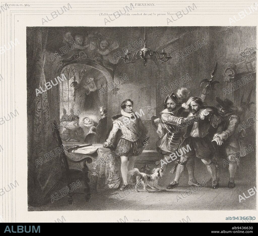 Balthasar Gerards, the perpetrator of the assassination of William of Orange, brought before Maurice by soldiers, 10 July 1584. In the background, the prince lies on his deathbed, Balthasar Gerards brought before Maurice, 1584 Balthazar Gerards Balthazar Gerards conduit devant le prince Maurice , print maker: J.B. Clermans, (mentioned on object), after: Nicolaas Pieneman, (mentioned on object), publisher: Soetens & Fils, (mentioned on object), Netherlands, 1826 - 1839, paper, h 319 mm × w 431 mm.