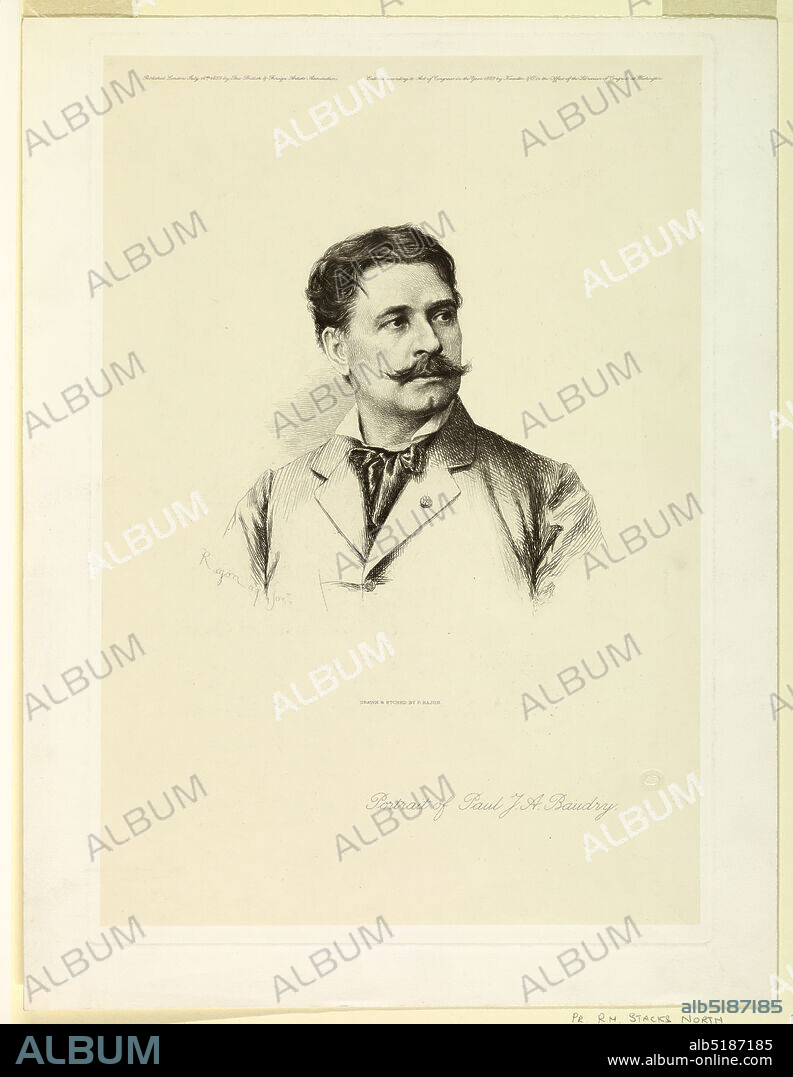 Portrait of Paul Jacques Aimé Baudry, Paul-Adolphe Rajon, French, 1842 - 1888, Etching on paper, Bust length portrait of the French painter, Paul Jacques Aimé Baudry (1828-1886), facing frontally, his head turned slightly to the right. He wears a mustache and rosette of the Légion d'Honneir in his lapel., France, 1883, Print, Print.