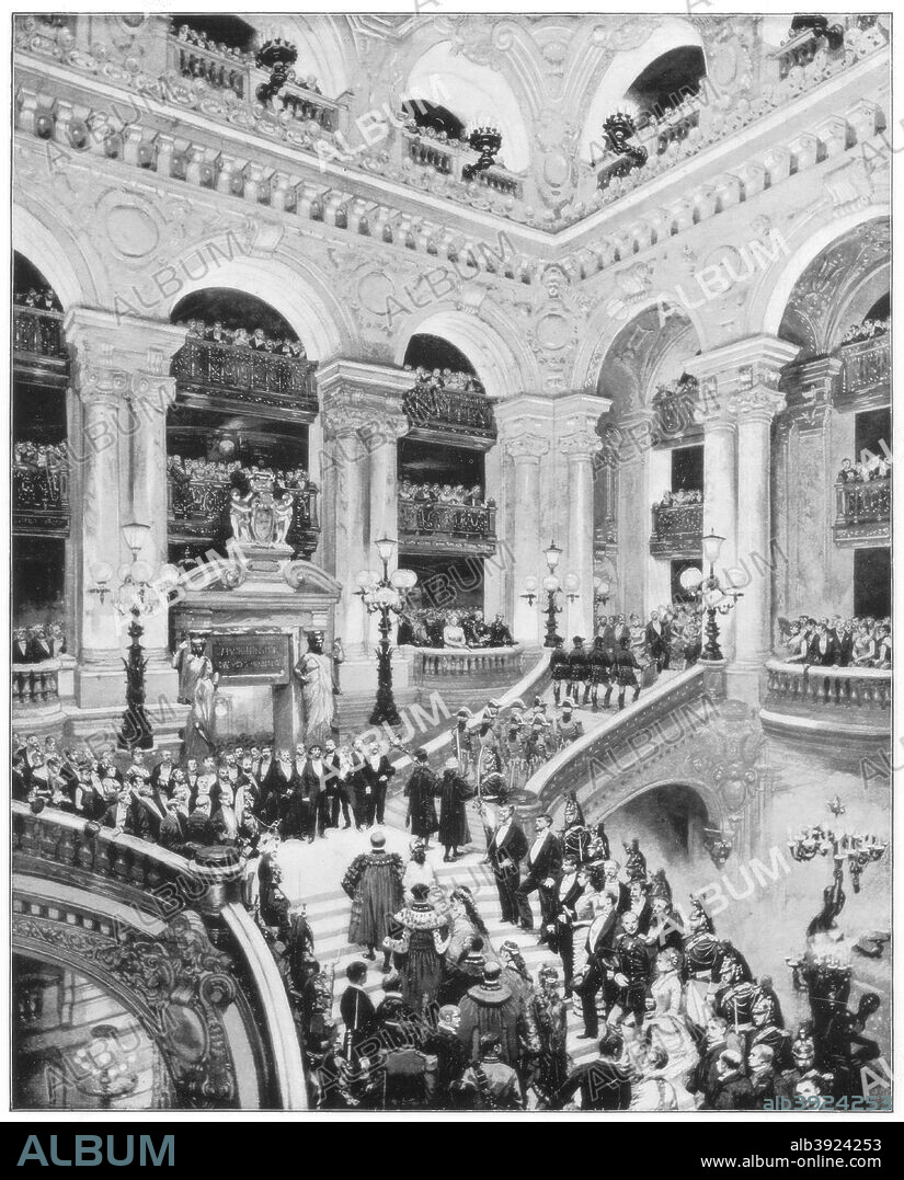 Interior of the Grand Opera House, Paris, late 19th century. A state occasion at the Palais Garnier, inaugurated in 1875. Photograph from Portfolio of Photographs, of Famous Scenes, Cities and Paintings by John L Stoddard, published by the Werner Company, (Chicago, c1899).