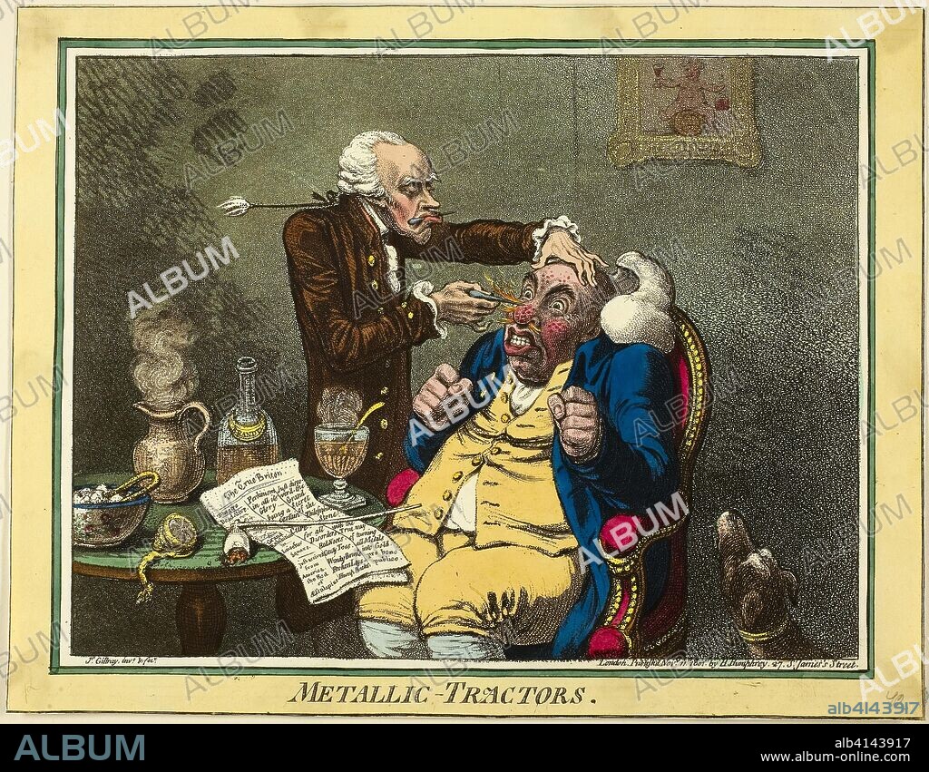 Metallic-Tractors. James Gillray (English, 1756-1815); published by Hannah Humphrey (English, c. 1745-1818). Date: 1801. Dimensions: 245 × 315 mm (image/sheet, cut within plate mark). Hand-colored etching and aquatint on paper. Origin: England.