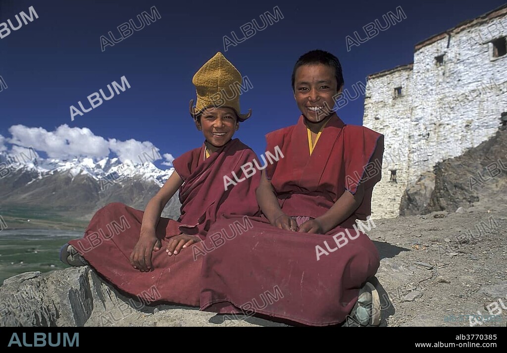Young Buddhist monks, novices at the Karsha monastery, Zanskar, Northern India, India, Asia.