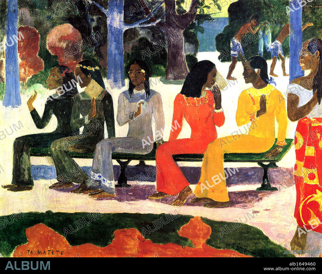 Ta Matete' (We Shall Not Go to Market Today), 1892. Oil on canvas. Eugene Henri Paul Gauguin (1848-1903) French Post-Impressionist artist. Five female Tahitian figures seated on a bench, trees in background.