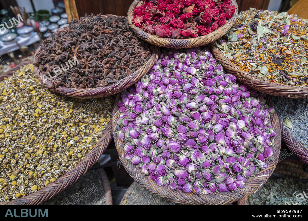 dried flowers for cooking and aromatic decoration, marrakesh, morocco, africa.