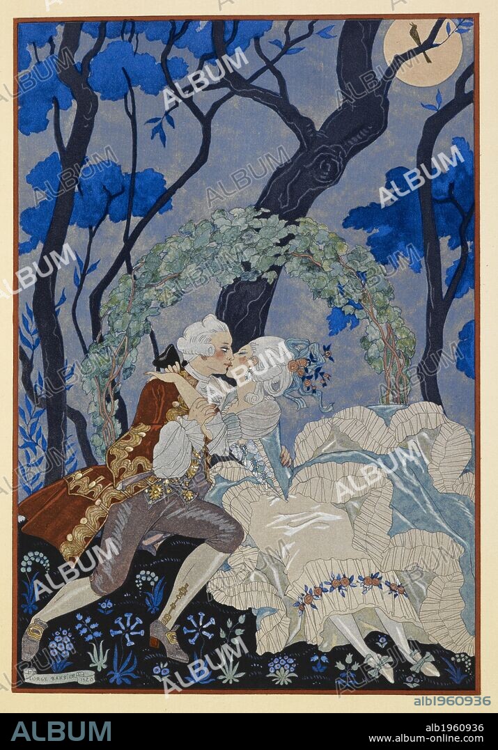 En Sourdine. A man and woman kissing under the moonlight. FÃªtes galantes. [PoÃ¨mes]. Illustrations de George Barbier. Paris: H. Piazza, 1928. FÃªtes Galantes is an album consisting of romantic prints of French life among the upper classes of the 19th century. Rich aristocrats of the French court used to play gallant scenes from the commedia dellâ€™ arte that were called Fetes Galantes. The prints accompany Paul Verlaine's poetry. Each album contains 20 lithograph prints with pochoir highlighting by George Barbier. Source: L.45/2847, before page 91. Language: French.