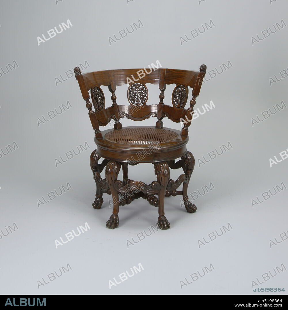 Chair, Carved walnut wood, caning, Circular caned seat on six cabriole legs with leaf-carving and paw feet joined by turned stretcher; the curved back with turned uprights, carved scrollwork and three medalions pierced and carved with foliage., Holland, Netherlands, late 17th century, furniture, Decorative Arts, Chair.