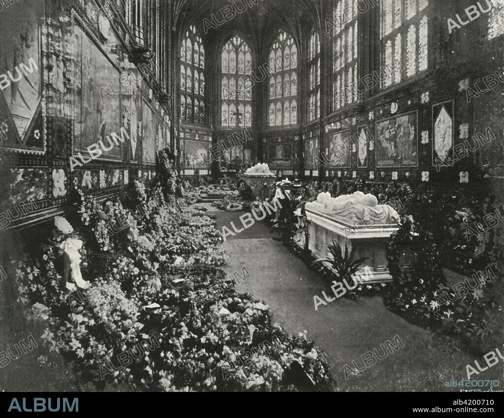 'The Albert Memorial Chapel Windsor, on the Occasion of the Funeral of H.R.H. The Duke of Clarence, January 1892', (c1897). 'The Duke's coffin stands between the tomb of the Prince Consort at the further end and that of the Duke of Albany (who died in 1884) at this end of the Chapel'. Prince Albert Victor, Duke of Clarence and Avondale (1864-1892), died of pneumonia before he was thirty. The eldest son of Albert Edward, Prince of Wales (later King Edward VII), Prince Albert Victor's life has been wrapped in secrecy and scandal. He is thought to have visited a male brothel, to have fathered an illegitimate child by a married woman, and was for a time rumoured to have been Jack the Ripper. From Sixty Years A Queen: The Story of Her Majesty's Reign, by Sir Herbert Maxwell. [Harmsworth Bros, Limited, London, c1897].