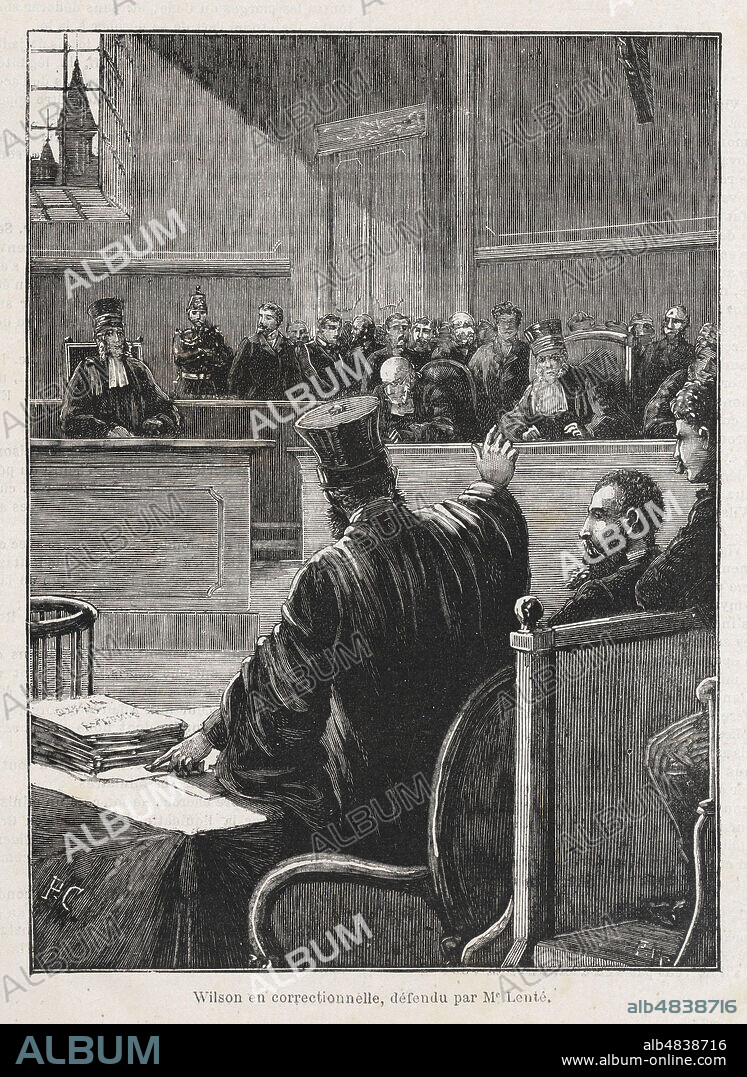 Daniel WILSON (1840-1919) en correctionnelle defendu par Me LENTE (apres le scandale de l'Affaire des Decorations). Illustration anonyme pour Les mysteres du palais de l'Elysee par Jules BEAUJOINT (1830-1892) repris dans L'Omnibus de 1890. Credit : Collection Kharbine-Tapabor.