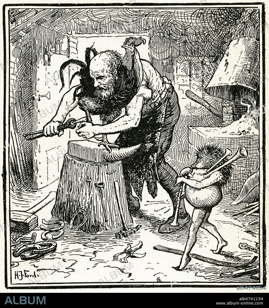 JEan mon herisson ou Hans mon herisson : JEan mon herisson demande a son pere de lui ferer un coq comme monture (Jack my Hedgehog) Conte des freres GRIMM. Gravure anglaise par H. J. FORD, in The Green fairy Book par Andrew LANG, 1909. Credit Jean VIGNE/KHARBINE TAPABOR.
