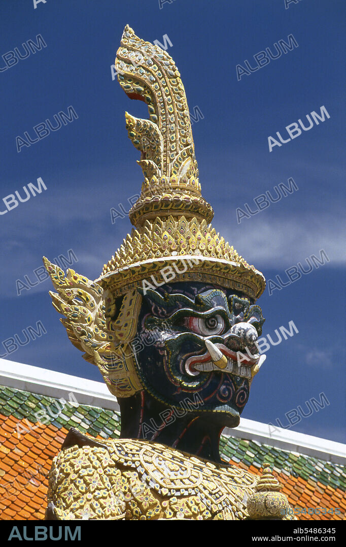 Yaksha is the name of a broad class of nature-spirits, usually benevolent, who are caretakers of the natural treasures hidden in the earth and tree roots. They appear in Hindu, Jain and Buddhist mythology. The Ramakien is the Thai version of the Indian epic, the Ramayana or the 'Romance of Rama', and has an important influence on Thai literature, art and drama. It is regarded as the National Epic of Thailand. Wat Phra Kaew (Temple of the Emerald Buddha); full official name Wat Phra Si Rattana Satsadaram is regarded as the most sacred Buddhist temple in Thailand. It is located within the precincts of the Grand Palace. The Grand Palace served as the official residence of the Kings of Thailand from the 18th century onwards. Construction of the Palace began in 1782, during the reign of King Rama I, when he moved the capital across the river from Thonburi to Bangkok.