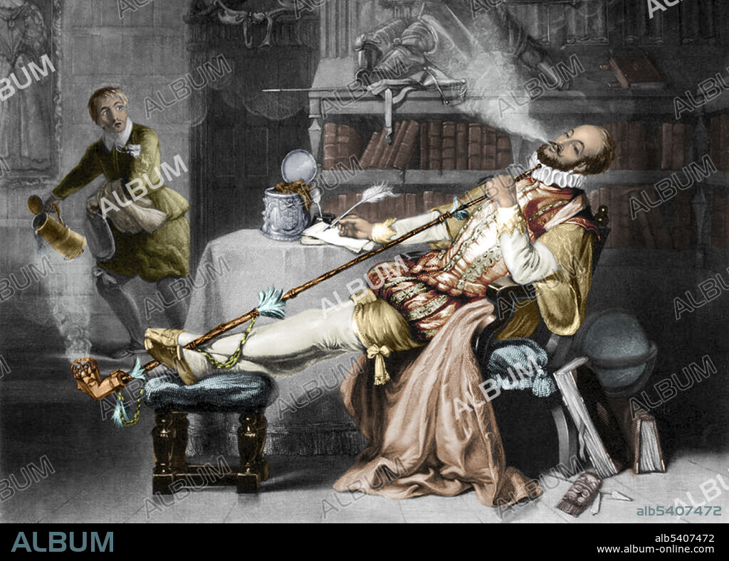 Supposedly, while smoking a pipe of the first tobacco brought from America, Raleigh was extinguished by a terrified servant who doused him with a pitcher of beer. Walter Raleigh (1554 - October 29, 1618) was an English aristocrat, poet, soldier, courtier, spy, and explorer. He is most remembered for popularizing tobacco in England. In 1591, he secretly married Elizabeth Throckmorton, without the Queen's permission, and they were sent to the Tower of London. In 1594, Raleigh heard of a 'City of Gold' in South America and sailed to find it. After Queen Elizabeth died (1603) he was again imprisoned in the Tower, this time for allegedly being involved in the Main Plot against King James I. In 1616 he was released to lead a second unsuccessful expedition in search of El Dorado. Raleigh returned to England and, to appease the Spanish, was arrested and beheaded, in 1618.