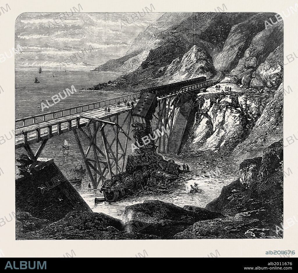 SCENE OF THE ACCIDENT AT BRAY HEAD, ON THE DUBLIN, WICKLOW, AND WEXFORD RAILWAY, IRELAND, 1867.