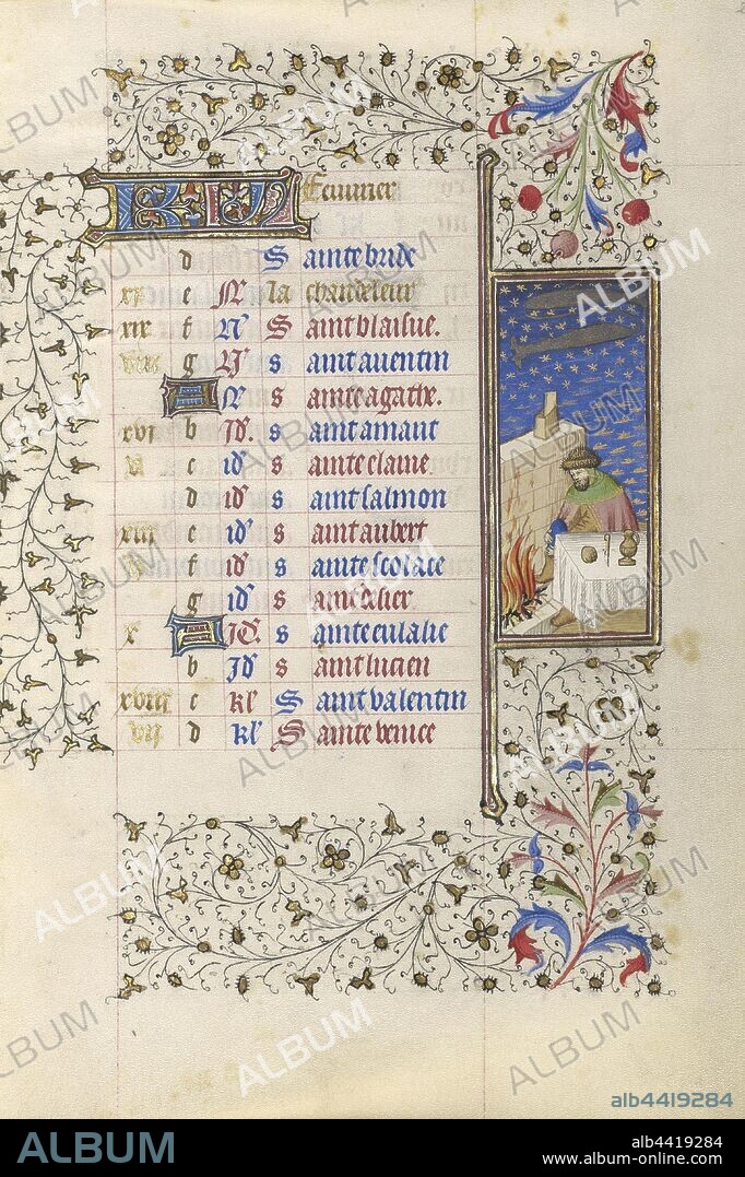 A Man Warming by a Fire, Workshop of the Rohan Master (French, active about 1410 - 1440), Paris, France, about 1415 - 1420, Tempera colors, gold paint, gold leaf, and ink on parchment, Leaf: 20.5 x 14.8 cm (8 1/16 x 5 13/16 in.).